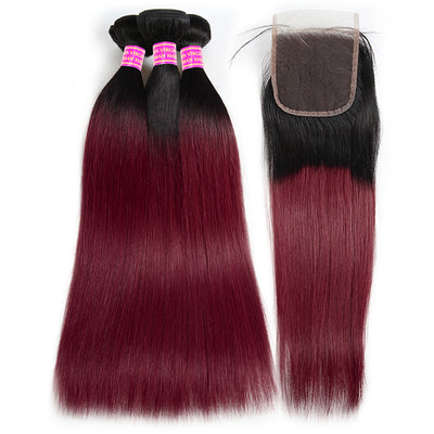 1B/99J Burgundy Red Color Straight Hair 3 Bundles With 4x4 Lace Closure