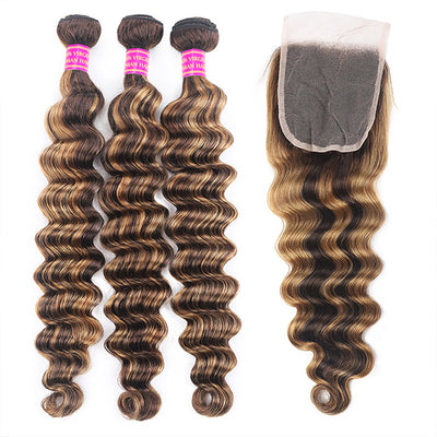 Highlight Deep Wave Bundles with Closure Colored Human Hair Bundles With 4x4 Hd Lace Closure