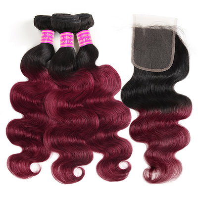 Ombre 1B/99J Body Wave 3 Bundles With 4x4 Closure Colored 100% Virgin Human Hair