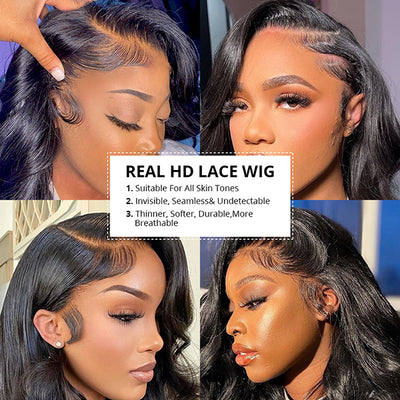 13x4 Real HD Lace Frontal Wig Body Wave Lace Closure Human Hair Wigs 180  Density