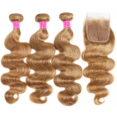 Honey Blonde Body Wave Bundles With Closure #27 Colored Hair Bundles With Closure