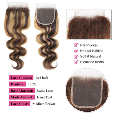 P4 27 Highlight Body Wave Bundles With Closure Ombre Human Hair Bundles With Closure