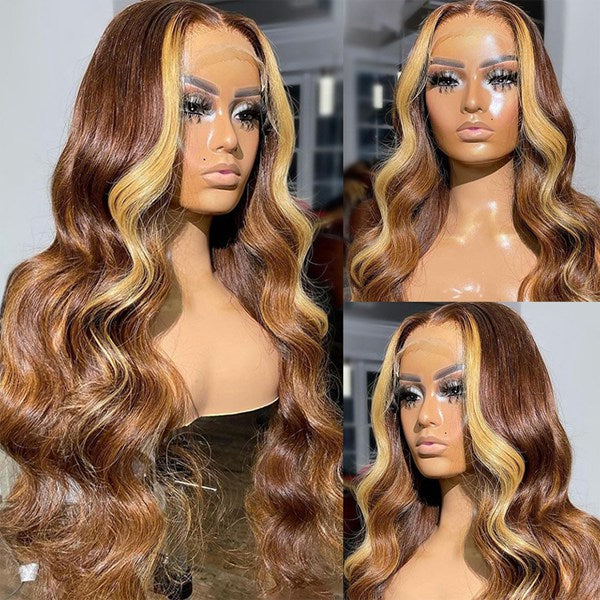 Skunk Stripe Human Hair Wig With Blonde Brown Highlights Body Wave Lace Front Wig 30 Inch