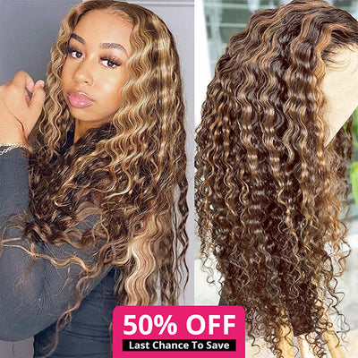Highlight Deep Wave Wig 4x4 Transparent Closure Wig Brown Colored Human Hair Wigs