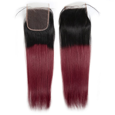 1B/99J Burgundy Red Color Straight Hair 3 Bundles With 4x4 Lace Closure