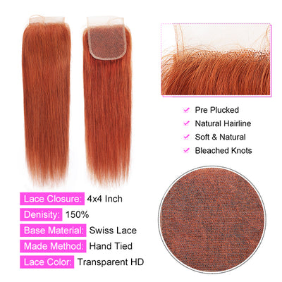 Ginger Bundles With Closure 3PCS Brazilian Straight Hair Bundles With Closure 4x4 Inch