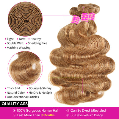 Honey Blonde Body Wave Bundles With Closure #27 Colored Hair Bundles With Closure