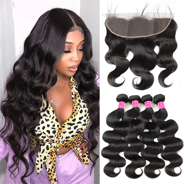 4 Bundles with Frontal Closure Brazilian Body Wave Bundles with 13x4 Frontal
