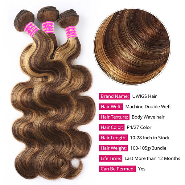 Highlight Honey Blonde Hair Bundles with Closure Brazilian P4/27 Body Wave Human Hair 3 Bundles with 4x4 Lace Closure