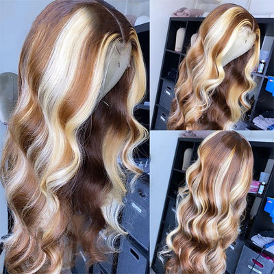 P4 613 Balayage Highlight Colored Human Hair Wigs Honey Blonde Brown Body Wave Lace Front Wig