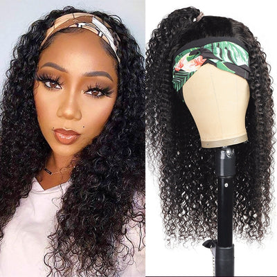150% Density Curly Hair Headband Wigs Human Hair Glueless Wigs Natural Color For Women