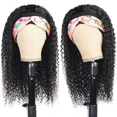 150% Density Curly Hair Headband Wigs Human Hair Glueless Wigs Natural Color For Women