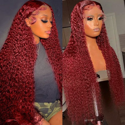 13x4 Lace Front Wig 99J Deep Wave Human Hair Wig 30 Inch Red Colored Brazilian 180% Density