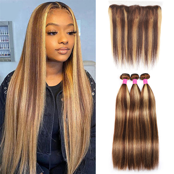 4/27 Highlight Human Hair Bundles with Frontal Bone Straight Bundles with 13x4 HD Lace Frontal