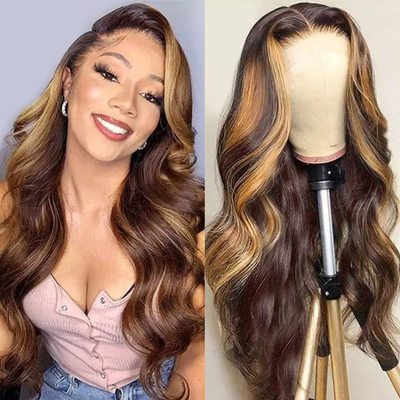 5x5 Highlight Closure Human Hair Wig Ombre Brown Body Wave Lace Front Wigs For Women