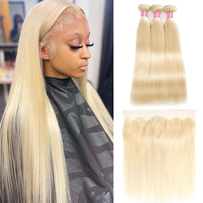 613 Blonde Straight Hair Weave Human Hair Bundles with Frontal