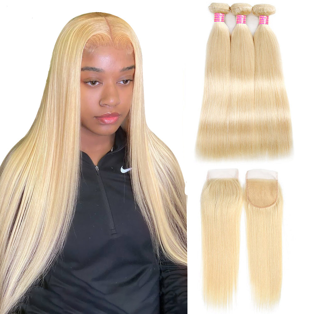 613 Blonde Human Hair Straight Weave Bundles with Closure 4x4 Blonde Hair Deals 3 Bundles With Closure
