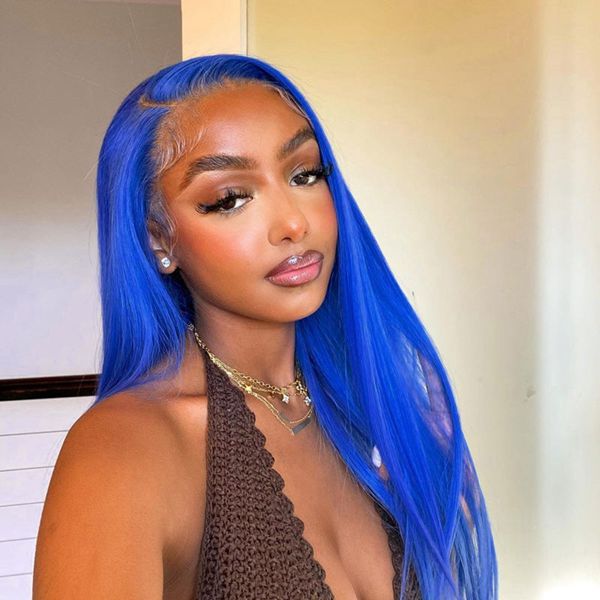 Blue Straight 13x4 Lace Front Wig Brazilian Human Hair Wigs Transparent HD Lace Colored Wigs