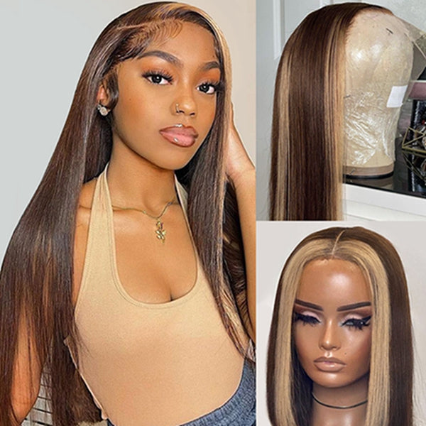 Highlight Brown Straight Lace Front Wig Ombre Colored Human Hair Wigs For Women
