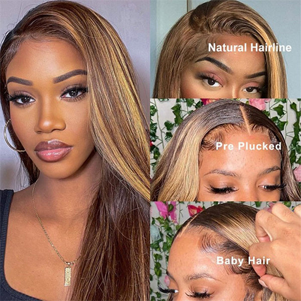 P4 27 Highlight Brown HD Lace Frontal Wig 30 Inch Honey Blonde Straight Human Hair Wigs For Women