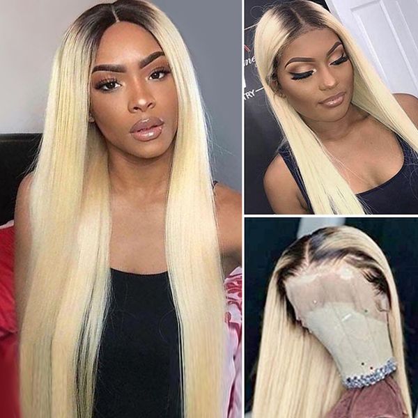 613 Blond Wig Straight Human Hair Wig 1B/613 Color Lace Front Wigs With Dark Roots