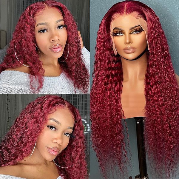 13x4 Lace Front Wig 99J Deep Wave Human Hair Wig 30 Inch Red Colored Brazilian 180% Density