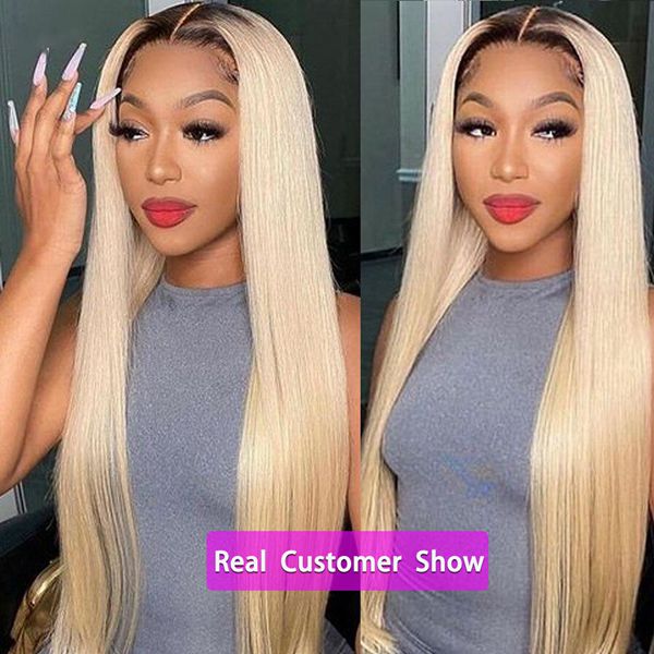 613 Blond Wig Straight Human Hair Wig 1B/613 Color Lace Front Wigs With Dark Roots