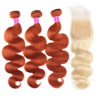Ginger Blonde Body Wave Human Hair Bundles with Closure Ginger Colored 3 Bundles with 613 Lace Closure