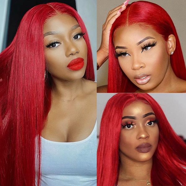 Hot Red Straight Lace Front Wig 13x4 Transparent Lace Frontal Wigs Colored Human Hair Wigs For Black Women