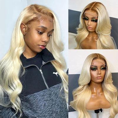 4/613 Ombre Blonde Body Wave Lace Front Wigs With Chocolate Brown Roots 8-30 inches