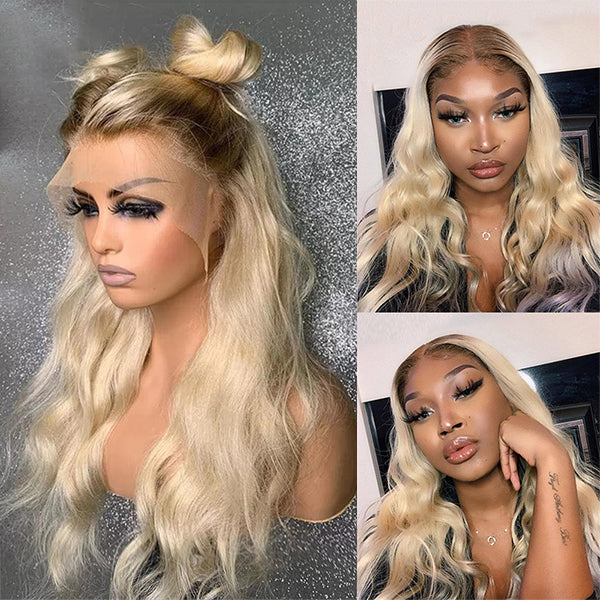 4/613 Ombre Blonde Body Wave Lace Front Wigs With Chocolate Brown Roots 8-30 inches