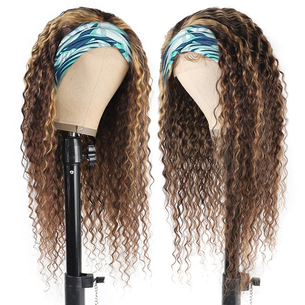 #4/27 Highlight Curly Hair Headband Wig Human Hair Remy Full Machine Made Wig