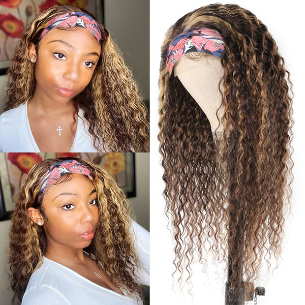 #4/27 Highlight Curly Hair Headband Wig Human Hair Remy Full Machine Made Wig
