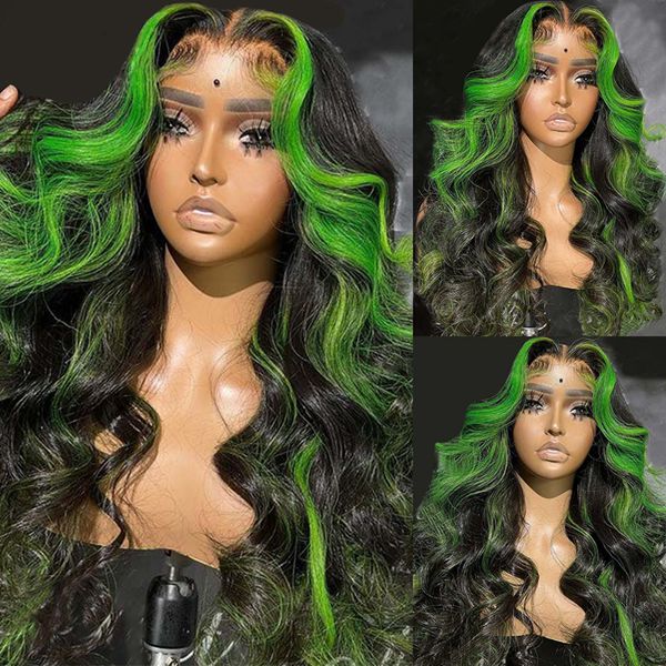 Green Highlight Wig Human Hair 13x4 Colored Body Wave Lace Front Wig Pre Plucked