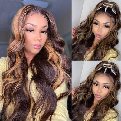 Highlight Body Wave Human Hair Bundles Ombre Brown Brazilian Hair Weave 3 Bundles Remy Human Hair Extensions