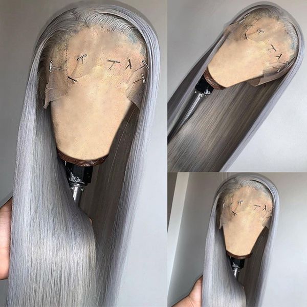 Gray Straight Lace Front Wig Platinum Silver Blonde Human Hair Wigs For Women