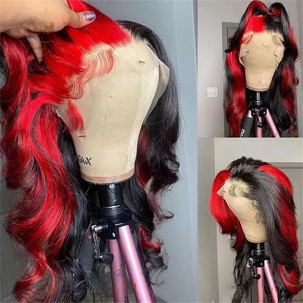 Red Highlight Wig Body Wave Lace Front Wig Ombre Red With Black Colored Human Hair Wigs