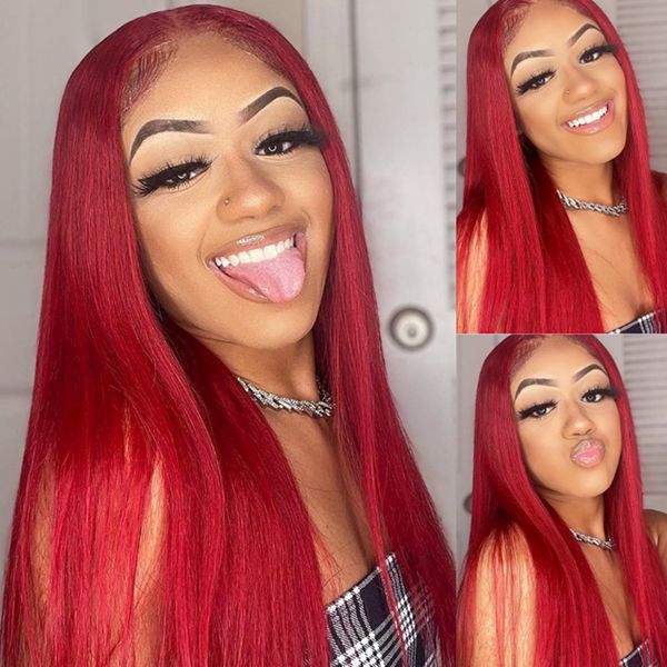 Hot Red Straight Lace Front Wig 13x4 Transparent Lace Frontal Wigs Colored Human Hair Wigs For Black Women