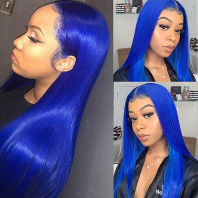 Blue Straight 13x4 Lace Front Wig Brazilian Human Hair Wigs Transparent HD Lace Colored Wigs