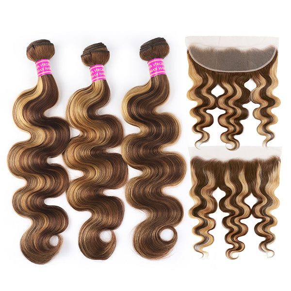 Honey Blonde Highlight Body Wave Hair 3 Bundles with 13x4 Lace Frontal Closure
