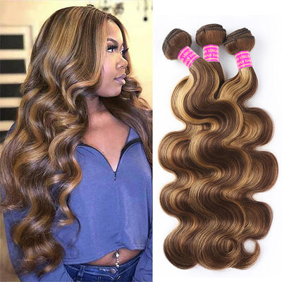 Highlight Body Wave Human Hair Bundles Ombre Brown Brazilian Hair Weave 3 Bundles Remy Human Hair Extensions