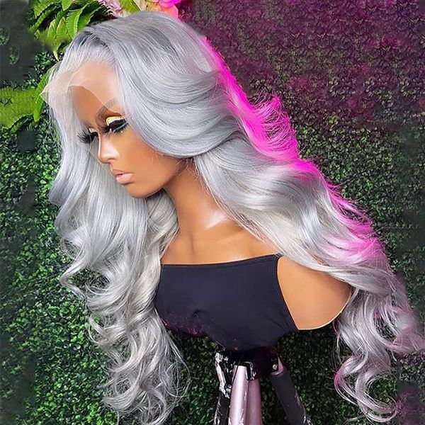 Silver Gray Lace Front Wig Transparent 13x4 Body Wave Human Hair Wigs Pre Plucked