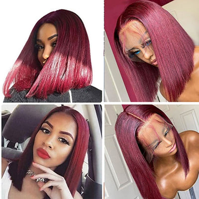 99J Burgundy Color Straight Bob Wig Swiss Lace Frontal Wig 100% Human Hair Pre Plucked