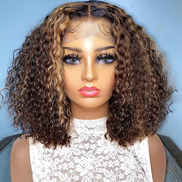 Highlight Deep Curly Bob Human Hair Wigs Ombre Honey Brown  Lace Closure Wigs