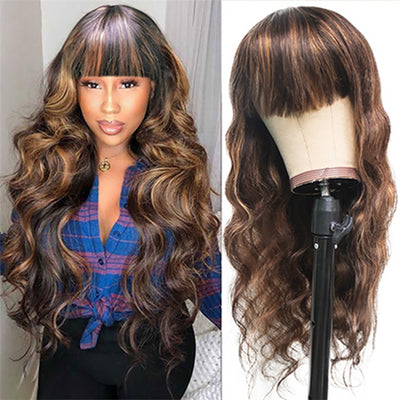 Highlight Body Wave Human Hair Wigs With Bangs Brazilian Hair Fringe Wig