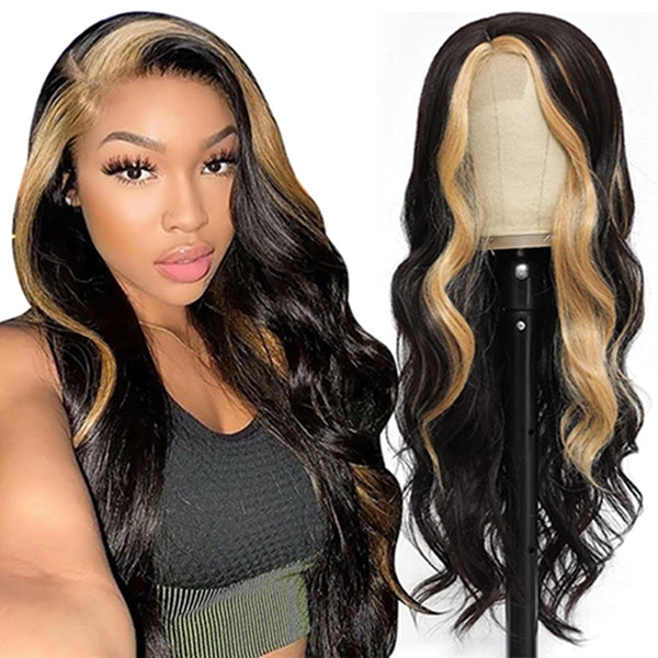Skunk Stripe Wig Honey Blonde Highlight Human Hair Wigs Body Wave Lace Front Wig