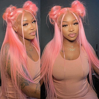 Pink Straight Lace Front Wigs Colored Human Hair Wigs 30 Inch Hd Lace Wigs