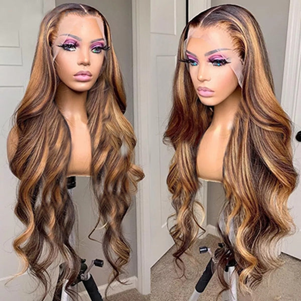Highlight Body Wave Lace Closure Wig Ombre Colored Human Hair Wigs 180 Density