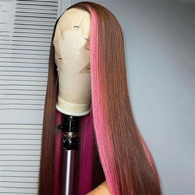 30 Inch Skunk Stripe Wig With Brown Pink Colored Human Hair Wigs Straight Lace Front Wigs