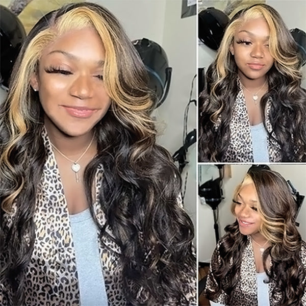 Skunk Stripe Wig Honey Blonde Highlight Human Hair Wigs Body Wave Lace Front Wig